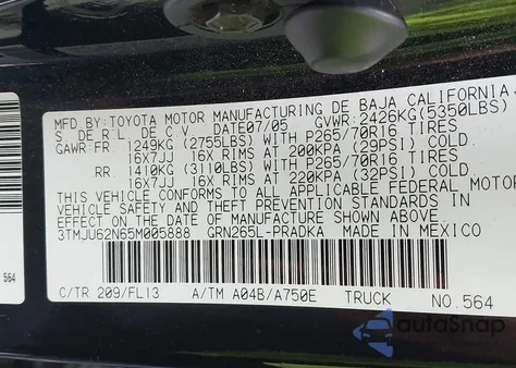 2005 Toyota Tacoma Prerunner V6 z USA, uszkodzony, nr VIN 3TMJU62N65M005888